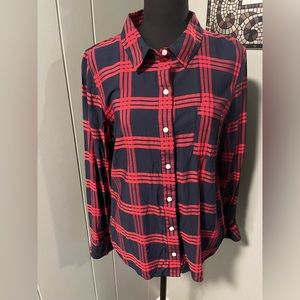 Tommy Hilfiger Womens Shirt Large Red Blue Button Up Plaid Flannel Ladies